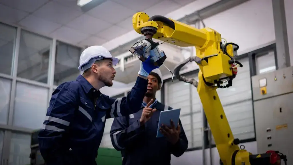 workers looking at a robotic arm